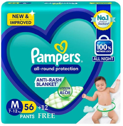 PAMPERS MEDIUM SIZE 56 PANTS + (12 DIAPERS FREE)