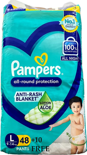 PAMPERS LARGE SIZE 48 PANTS +(10 DIAPERS FREE)